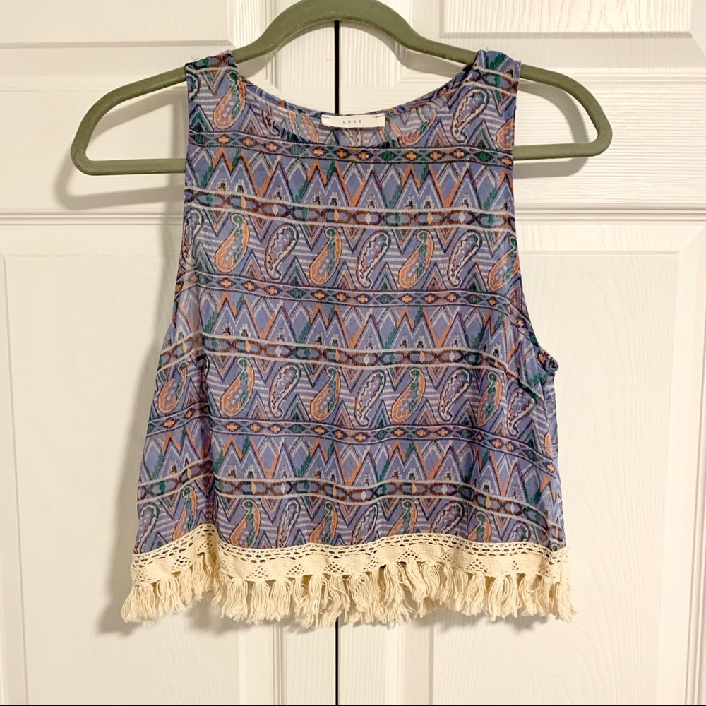 Sheer lush patterned top with tassels🥂